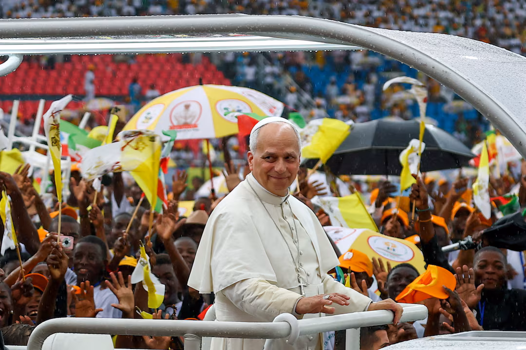 Pope Leo XIV arrives for a meeting with young people and families at Bata Stadium, in Bata, Equatorial Guinea, April 22, 2026. REUTERS/Guglielmo Mangiapane